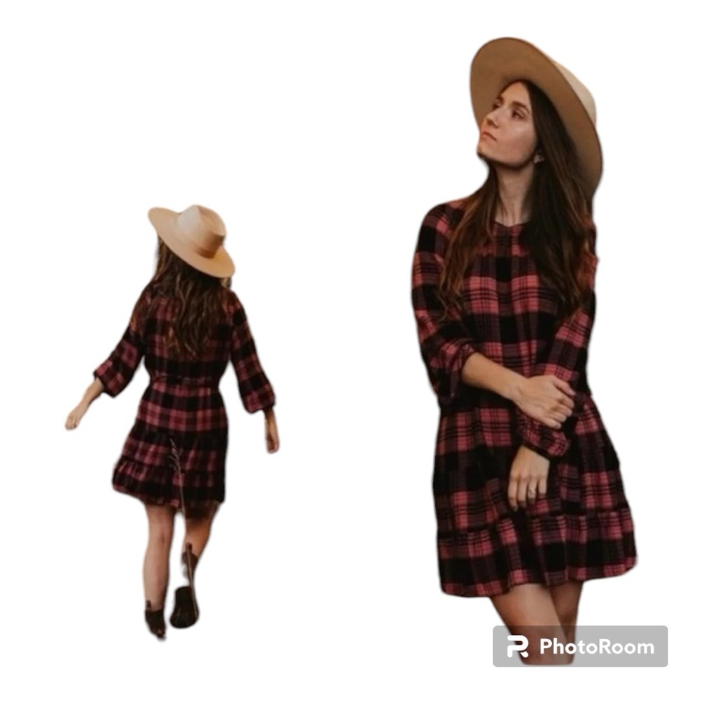 Plaid Pink and Black Long Sleeve Tie-Waist Dress - Picture 2 of 9